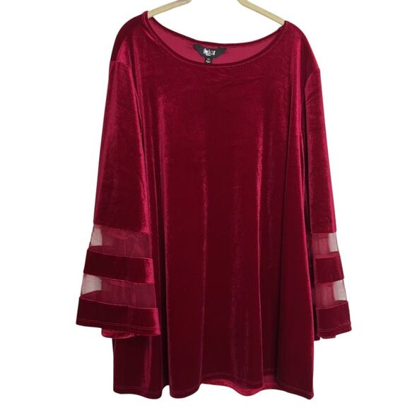 Slim Factor Investments Womens Velvet Tunic Top 2X Red Bell Sleeve Sheer Insets - Picture 1 of 8